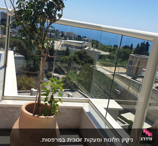 מרפסת עם רצפה נקייה ואדנית גדולה